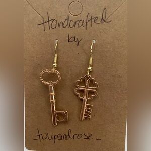 Handmade Fashion Mix Match Key Heart Drop Earrings Rose Gold 1”nickel free hooks